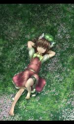 Rule 34 | 1girl, animal ears, arms behind head, bare legs, barefoot, bike shorts, brown eyes, brown hair, cat ears, cat girl, cat tail, chen, dress, ear piercing, earrings, fang, female focus, field, flower, flower field, grass, hat, highres, jewelry, kabu (yuyuibob), letterboxed, lying, midriff, multiple tails, navel, nekomata, on back, piercing, red dress, red eyes, skirt, smile, solo, tail, touhou