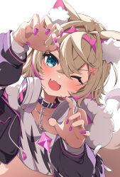 Rule 34 | 1girl, absurdres, animal ear fluff, animal ears, bandaid, bandaid hair ornament, black collar, black jacket, blonde hair, blue eyes, blush, claw pose, collar, colored inner animal ears, commentary, crop top, cropped shirt, crossed bangs, dog ears, dog girl, fang, fumi (fumibeing), hair between eyes, hair ornament, hairband, hands up, headphones, headphones around neck, highres, hololive, hololive english, horn hairband, jacket, long sleeves, looking at viewer, medium hair, mococo abyssgard, mococo abyssgard (1st costume), multicolored hair, one eye closed, open clothes, open jacket, open mouth, pink hairband, purple hair, purple nails, shirt, skin fang, smile, solo, streaked hair, upper body, virtual youtuber, white shirt, x hair ornament