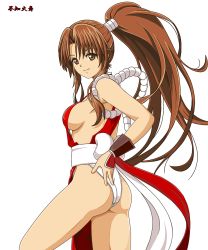 Rule 34 | 1girl, ass, basuchian, breasts, brown hair, fatal fury, highres, ponytail, rope, shiranui mai, smile, snk, solo