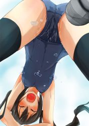 Rule 34 | 1girl, armpits, bad id, bad pixiv id, black hair, black thighhighs, blush, breasts, closed eyes, commentary, covered erect nipples, from below, fu-ta, graphite (medium), hitachi magic wand, k-on!, nakano azusa, open mouth, pussy juice, reflection, saliva, saliva trail, school swimsuit, sex toy, small breasts, solo, swimsuit, thighhighs, traditional media, vibrator, white background