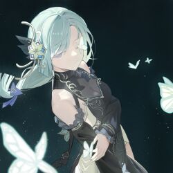 Rule 34 | 1girl, aqua hair, bare shoulders, black dress, black sleeves, blue eyes, bug, butterfly, butterfly on face, butterfly on hand, closed mouth, commentary request, detached sleeves, dress, expressionless, frilled sleeves, frills, genshin impact, highres, insect, long hair, looking at viewer, low-tied long hair, official alternate costume, one eye closed, parted bangs, shenhe (frostflower dew) (genshin impact), shenhe (genshin impact), sleeveless, sleeveless dress, solo, upper body, yunkkker