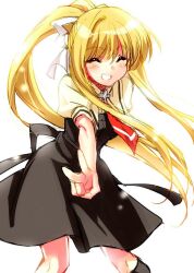 Rule 34 | 1girl, ^ ^, air (visual novel), black dress, blonde hair, blush, closed eyes, commentary request, cowboy shot, cross ornament, dress, eyelashes, facing viewer, floating hair, grin, hair between eyes, hair ribbon, kamio misuzu, long hair, necktie, outstretched arm, ponytail, puffy short sleeves, puffy sleeves, red necktie, ribbon, school uniform, shirt, short necktie, short sleeves, sidelocks, simple background, smile, solo, standing, straight hair, v, very long hair, white background, white ribbon, yellow shirt, zen (kamuro)
