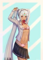Rule 34 | 10s, 1girl, altera (fate), alternate costume, arms behind head, arms up, black nails, black skirt, blouse, blue background, blush, bow, bow panties, bra, breasts, buttons, clothes pull, collarbone, collared shirt, commentary, dark-skinned female, dark skin, diagonal stripes, dress shirt, fate/extella, fate/extra, fate (series), front-tie bra, full-body tattoo, grey choker, grey hair, grey shirt, groin, hokori sakuni, holding, leg tattoo, legs together, long sleeves, looking at viewer, medium skirt, mouth hold, nail polish, navel, open clothes, open shirt, panties, photon ray (fate), pink bra, pink panties, pleated skirt, pubic tattoo, red eyes, red ribbon, ribbon, ribbon-trimmed bra, shirt, short hair, sidelocks, skirt, skirt pull, small breasts, smile, solo, standing, stomach, stomach tattoo, striped, striped background, symbol-only commentary, tattoo, tying, underwear