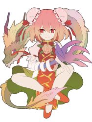 Rule 34 | 1girl, bad id, bad twitter id, bandages, bandaged arm, bandages, bun cover, double bun, dragon, flower, full body, ibaraki kasen, kaine (kaine1025), looking at viewer, pink hair, puffy sleeves, red eyes, rose, shirt, shoes, short hair, short sleeves, simple background, skirt, smile, tabard, touhou, white background