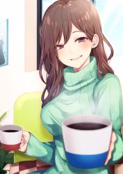 Rule 34 | 1girl, blurry, blurry foreground, breasts, brown eyes, brown hair, coffee, coffee mug, cup, day, depth of field, drink, earrings, green sweater, highres, holding, holding cup, incoming drink, indoors, jewelry, large breasts, long hair, long sleeves, looking at viewer, mole, mole under eye, mug, nail polish, original, parted lips, ponita, pov, ribbed sweater, smile, solo, sweater, turtleneck, turtleneck sweater, upper body, window