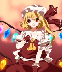 Rule 34 | 1girl, ascot, bad id, bad pixiv id, blonde hair, c niko, collared shirt, embodiment of scarlet devil, female focus, flandre scarlet, frills, hair between eyes, hand on own chest, hat, mob cap, nail polish, red eyes, red wrist cuffs, shirt, short sleeves, slit pupils, solo, touhou, white hat, wings, wrist cuffs