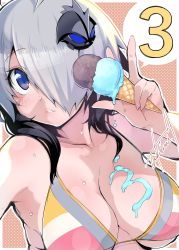 Rule 34 | 1girl, absurdres, ahoge, amo takumi, anniversary, armpits, asymmetrical bangs, bare shoulders, bikini, blue eyes, bombergirl, border, breasts, cleavage, collarbone, food, food on body, food on breasts, gray (bombergirl), hair ornament, hair over one eye, hand up, highres, holding, holding food, ice cream, ice cream cone, large breasts, lips, looking at viewer, medium hair, outside border, parted lips, polka dot, polka dot background, sidelocks, signature, silver hair, solo, speech bubble, spill, striped bikini, striped clothes, sweat, swimsuit, upper body