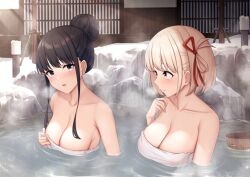Rule 34 | 2girls, black hair, blonde hair, breasts, bucket, closed mouth, collarbone, commentary, hair ribbon, highres, inoue takina, kannko bokujou, large breasts, looking at another, lycoris recoil, multiple girls, naked towel, nishikigi chisato, onsen, parted lips, partially submerged, purple eyes, red ribbon, ribbon, short hair, snow, steam, symbol-only commentary, towel, upper body, water, wet, wooden bucket
