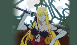 1girl bare_shoulders blonde_hair breasts cleavage collarbone crying dress elbow_gloves feather-trimmed_dress feather-trimmed_gloves gloves hair_in_own_mouth hair_ribbon highres holding holding_sword holding_weapon key_visual kiss-shot_acerola-orion_heart-under-blade kizumonogatari large_breasts long_hair looking_at_viewer monogatari_(series) official_art oshino_shinobu pointy_ears promotional_art red_dress ribbon smile solo strapless strapless_dress sword tears upper_body vampire weapon white_gloves yellow_eyes