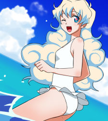 Rule 34 | + +, 00s, 1girl, blonde hair, blue hair, breasts, casual one-piece swimsuit, cross-shaped pupils, long hair, looking back, multicolored hair, nia teppelin, one-piece swimsuit, one eye closed, open mouth, small breasts, smile, solo, sugar (sugarless), swimsuit, symbol-shaped pupils, tengen toppa gurren lagann, two-tone hair, wink