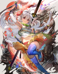 Rule 34 | 1girl, ahoge, armpits, bare shoulders, blue thighhighs, breasts, elbow gloves, emperors saga, fingerless gloves, gloves, green scarf, hair between eyes, heterochromia, highres, holding, holding sword, holding weapon, jumping, katana, knee up, liduke, long hair, looking at viewer, medium breasts, official art, parted lips, platform footwear, purple eyes, red eyes, sandals, scabbard, scarf, sheath, silver hair, skirt, smile, solo, sword, thighhighs, watermark, weapon, yellow skirt