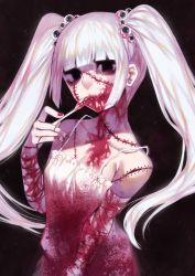 Rule 34 | 1girl, absurdres, arm wrap, bandaged arm, bandages, bare shoulders, black eyes, blood, blood on clothes, blood on face, blood on hands, blunt bangs, bow, breasts, collarbone, cowboy shot, doku-chan (dokkudokudoku), dress, eyeball, fingernails, fork, hand up, highres, holding, holding fork, horror (theme), long hair, looking at viewer, nail polish, nose, original, red nails, sleeveless, sleeveless dress, small breasts, solo, spaghetti strap, stitched mouth, stitches, twintails, very long hair, white bow, white dress, white hair