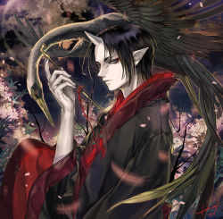 Rule 34 | 10s, 1boy, akgi, bad id, bad pixiv id, bird, black hair, flower, green eyes, holding, holding smoking pipe, hoozuki (hoozuki no reitetsu), hoozuki no reitetsu, horns, japanese clothes, looking at viewer, male focus, oni horns, outdoors, parted lips, pink flower, smoking pipe, single horn, solo, string, string of fate, wings