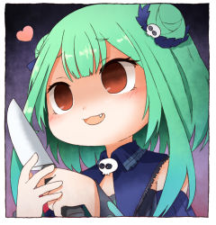 1girl, :3, :d, bangs, blue dress, blush stickers, brooch, crazy eyes, dark background, detached collar, detached sleeves, double bun, dress, eyebrows visible through hair, fang, green hair, hair ornament, hair ribbon, holding, holding knife, holding weapon, hololive, jewelry, knife, looking away, no pupils, open mouth, red eyes, ribbon, short hair, short hair with long locks, skull hair ornament, skull necklace, smile, solo, strapless, strapless dress, tonton (tonz159), upper body, uruha rushia, virtual youtuber, weapon, yandere
