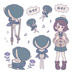 Rule 34 | 1girl, blush, bob cut, boots, brown eyes, brown footwear, brown hair, buttons, calyrex, cardigan, clenched hands, closed eyes, closed mouth, collared dress, commentary, creatures (company), cup, dress, flower, game freak, gen 8 pokemon, gloria (pokemon), green dress, green headwear, grey cardigan, hands up, hat, hooded cardigan, legendary pokemon, musical note, nintendo, pigeon-toed, pokemon, pokemon (creature), pokemon swsh, purple flower, shiroimoufu, short hair, smile, sparkle, standing, symbol-only commentary, tam o&#039; shanter, tea, thighhighs, v-shaped eyebrows, white thighhighs