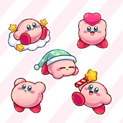 Rule 34 | 5boys, blue eyes, blush stickers, cloud, commentary, english commentary, full body, hat, highres, holding, hylianruto, jumping, kirby, kirby: right back at ya, kirby (series), lying, multiple boys, nightcap, nintendo, no humans, on stomach, open mouth, running, simple background, sitting, sleep kirby, sleeping, smile, standing, star (symbol)