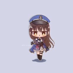 Rule 34 | 1girl, :d, alice love game, blue hat, blue jacket, blue necktie, blush, brown eyes, brown hair, chibi, collared shirt, diesel (nikke), earrings, gloves, goddess of victory: nikke, grey background, hat, highres, jacket, jacket on shoulders, jewelry, long hair, military hat, military jacket, military uniform, necktie, open clothes, open jacket, open mouth, peaked cap, pleated skirt, shirt, sidelocks, simple background, skirt, smile, solo, striped necktie, twitter username, uniform, white gloves, white shirt, white skirt