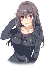 Rule 34 | 1girl, :d, absurdres, black jacket, blush, breasts, brown shirt, collarbone, drawstring, grey hair, hair between eyes, hair intakes, hand in pocket, hand up, highres, hood, hood down, hooded jacket, jacket, konomi (yappen), large breasts, long hair, long sleeves, looking at viewer, open mouth, original, red eyes, shirt, simple background, smile, solo, upper body, white background, yappen