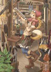 Rule 34 | 1girl, 5tatsu, animal ears, blonde hair, boots, braid, brown eyes, cat, chain, fantasy, flail, gloves, goggles, goggles on head, highres, kunai, lamp, mace, one eye closed, original, plant, ponytail, poster (object), potted plant, shop, solo, sword, tail, wanted, weapon, wink, wrench
