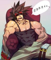 Rule 34 | 1boy, abs, bara, brown hair, drooling, food, gairen, guilty gear, headband, male focus, muscular, open mouth, pectorals, saliva, sitting, sleeping, sol badguy, tagme, undressing