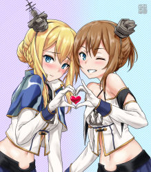 Rule 34 | 2girls, ;d, anchor, azur lane, bare shoulders, blonde hair, blue eyes, blue skirt, blush, braid, breasts, brown hair, capelet, collarbone, commentary request, crop top, detached sleeves, french braid, gloves, hair bun, halterneck, headgear, heart, heart hands, heart hands duo, highres, long sleeves, looking at viewer, medium breasts, midriff, multiple girls, navel, one eye closed, open mouth, renown (azur lane), repulse (azur lane), shin (sin-maniax), shirt, short hair, short hair with long locks, short ponytail, sidelocks, single hair bun, skirt, smile, striped, striped background, teeth, upper body, white gloves, white shirt