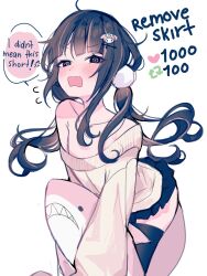 Rule 34 | 1boy, @ @, ahoge, anger vein, bare shoulders, black eyes, black hair, black skirt, blunt bangs, blush, cowboy shot, crossdressing, english text, fang, hair ornament, hairclip, highres, indie virtual youtuber, like and retweet, long hair, long sleeves, looking at viewer, low twintails, male focus, meme, microskirt, moenaomii, moenaomii (artist), my melody, off shoulder, onegai my melody, open mouth, pleated skirt, pom pom (clothes), pom pom hair ornament, ribbed sweater, sanrio, simple background, single-shoulder sweater, skin fang, skirt, solo, speech bubble, spoken anger vein, stuffed animal, stuffed shark, stuffed toy, sweater, thighhighs, trap, twintails, twitter strip game (meme), very long hair, virtual youtuber, wavy mouth, white background