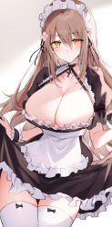 Rule 34 | 1girl, apron, blush, breasts, brown hair, cleavage, cowboy shot, cross, dress, flower, frilled dress, frills, hair down, hair flower, hair ornament, highres, huge breasts, kinona, long hair, looking at viewer, maid, maid apron, maid headdress, original, skirt hold, thighhighs, wristband, yellow eyes
