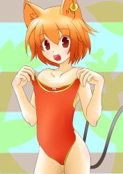 Rule 34 | 1girl, absurdres, bad id, bad pixiv id, blush, brown eyes, chen, clothes in front, covering privates, earrings, female focus, highres, jewelry, kachoo, nude, nude cover, one-piece swimsuit, open mouth, orange hair, single earring, smile, solo, swimsuit, unworn swimsuit, touhou