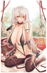 Rule 34 | 1girl, alternate costume, armband, azur lane, babydoll, bare shoulders, black babydoll, black gloves, black one-piece swimsuit, black thighhighs, breasts, collar, female pubic hair, gloves, heart, heart-shaped pillow, highres, huge breasts, licking lips, navel, one-piece swimsuit, orange eyes, pillow, prinz eugen (azur lane), pubic hair, red hair, sagging breasts, single glove, slingshot swimsuit, solo, stuffed animal, stuffed toy, swimsuit, teddy bear, thighhighs, tongue, tongue out, white hair, yusha m