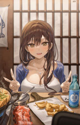 Rule 34 | 1girl, absurdres, blush, breasts, brown eyes, brown hair, camisole, cleavage, collarbone, double v, drink, fingernails, food, food focus, hair between eyes, hair over shoulder, highres, hy (hem oo), indoors, jewelry, large breasts, long fingernails, long hair, looking at viewer, necklace, open clothes, open mouth, open shirt, original, shirt, smile, solo, table, tsurime, upper body, v, white shirt