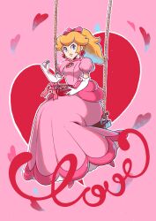 Rule 34 | 1girl, absurdres, adapted costume, blonde hair, blue eyes, box, box of chocolates, brooch, dress, earrings, elbow gloves, english text, gloves, hair ribbon, heart, heart-shaped box, heart brooch, heart earrings, highres, jewelry, long dress, looking at viewer, mario (series), nintendo, pink background, pink dress, pink lips, pink ribbon, ponytail, princess peach, princess peach: showtime!, puffy short sleeves, puffy sleeves, ribbon, saiwo (saiwoproject), short sleeves, sitting, solo, swing set, valentine, white gloves