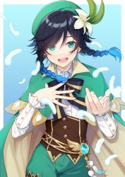 Rule 34 | 1boy, absurdres, androgynous, beret, black hair, blue hair, bow, braid, brooch, cape, collared cape, collared shirt, commentary request, corset, feathers, flower, frilled sleeves, frills, gem, genshin impact, gradient hair, green eyes, green hat, green shorts, hair flower, hair ornament, hand on own chest, hat, highres, jewelry, leaf, long sleeves, looking at viewer, male focus, multicolored hair, nata ichio, open mouth, reaching, reaching towards viewer, shirt, short hair with long locks, shorts, simple background, smile, solo, twin braids, venti (genshin impact), vision (genshin impact), white flower, white shirt