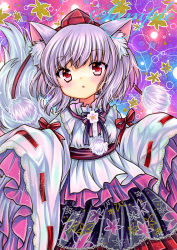 Rule 34 | 1girl, :o, animal ear fluff, animal ears, black skirt, blush, cowboy shot, dot nose, embellished costume, frilled sleeves, frills, grey hair, hat, inubashiri momiji, leaf, leaf print, long sleeves, looking at viewer, marker (medium), neck ribbon, parted lips, pom pom (clothes), print skirt, purple background, red eyes, red hat, red ribbon, red sash, ribbon, ribbon-trimmed sleeves, ribbon trim, rui (sugar3), sample watermark, sash, shirt, short hair, skirt, sleeves past fingers, sleeves past wrists, solo, standing, tail, tokin hat, touhou, traditional media, watermark, white shirt, wide sleeves, wolf ears, wolf tail