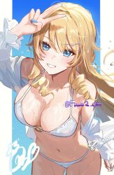 Rule 34 | 1girl, alternate costume, bikini, blonde hair, blue eyes, breasts, commentary request, cowboy shot, day, drill hair, genshin impact, grin, highres, large breasts, leaning forward, long hair, navel, navia (genshin impact), o-ring, o-ring top, omelet tomato, open clothes, open shirt, shirt, smile, solo, swimsuit, twin drills, twitter username, v, white bikini, white shirt