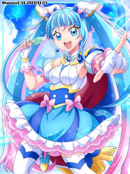 Rule 34 | 1girl, blue background, blue eyes, blue hair, blue skirt, boots, breasts, cure sky, detached sleeves, frills, gloves, hair ribbon, hanzou, highres, hirogaru sky! precure, looking at viewer, open mouth, pen, precure, ribbon, shirt, skirt, small breasts, solo, sora harewataru, standing, standing on one leg, thighhighs, twintails, white gloves, white shirt, white thighhighs