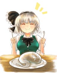 Rule 34 | 1girl, bad id, bad pixiv id, before and after, bow, dishes, fork, hair bow, hitodama, knife, konpaku youmu, konpaku youmu (ghost), short hair, silver hair, smile, solo, sweatdrop, touhou, x&amp;x&amp;x