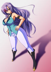 Rule 34 | 1girl, akino masoho, breasts, cleavage, grey eyes, hands on own hips, large breasts, long hair, looking to the side, purple hair, shijou saya, solo, super robot gakuen, super robot wars, thick thighs, thighs, very long hair