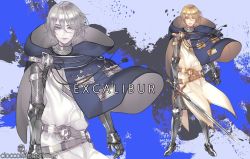 Rule 34 | 1boy, armor, artist name, blonde hair, blue background, blue cape, cape, character name, cioccolatodorima, closed mouth, excalibur (mythology), holding, holding sword, holding weapon, male focus, original, personification, plate armor, solo, sword, touken ranbu, weapon, zoom layer