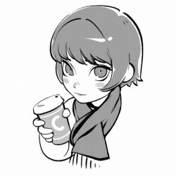 Rule 34 | 1girl, coffee cup, cup, disposable cup, highres, ilya kuvshinov, monochrome, original, scarf, short hair, solo