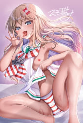 Rule 34 | anchor ornament, armpits, artist request, blonde hair, breasts, clothes lift, dated, dress, dress lift, feet out of frame, fellatio gesture, flat chest, grecale (kancolle), green eyes, highres, kantai collection, long hair, navel, nipples, panties, pantyshot, saliva, small breasts, striped clothes, striped panties, tan, tongue, tongue out, underwear