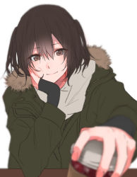Rule 34 | 1girl, blurry, brown eyes, brown hair, head rest, closed mouth, cup, depth of field, disposable cup, foreshortening, fur collar, giving, green jacket, hair between eyes, incoming drink, jacket, kantai collection, long sleeves, looking at viewer, open clothes, open jacket, rinto (rint rnt), sendai (kancolle), short hair, simple background, smile, solo, two side up, upper body, white background