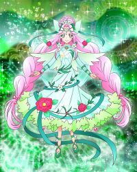 Rule 34 | 1girl, blush, braid, capelet, cure felice, cure felice (alexandrite style), dress, flower, full body, green capelet, green dress, hair bun, hair flower, hair ornament, hanami kotoha, highres, long hair, long sleeves, looking at viewer, mahou girls precure!, official art, parted bangs, pink hair, precure, precure connection puzzlun, red flower, red footwear, solo, third-party source, twin braids, very long hair