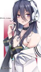 Rule 34 | 1girl, bags under eyes, black choker, black hair, black nails, choker, cushion, embarrassed, exia (nikke), game controller print, goddess of victory: nikke, hair between eyes, headphones, headset, highres, holding, holding hair, jacket, long hair, looking away, nail polish, nelry, off shoulder, open clothes, open jacket, open mouth, purple eyes, shirt, sidelocks, simple background, solo, upper body, white jacket, white shirt