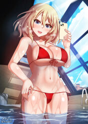 Rule 34 | 1girl, bikini, blonde hair, blue eyes, blush, breasts, cellphone, cleavage, collarbone, girls und panzer, highres, indoors, iphone, large breasts, looking at viewer, megadeko, navel, open mouth, oshida (girls und panzer), phone, pool, red bikini, short hair, smartphone, smile, solo, swimsuit
