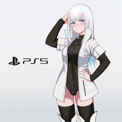 Rule 34 | 1girl, bishi (bishi), black hair, black thighhighs, blue eyes, blush, breasts, commentary, female focus, game console, gradient background, grey background, hair ornament, hand on own hip, highres, hime cut, jacket, leotard, long hair, looking at viewer, mixed-language commentary, original, personification, playstation 5, product girl, solo, sony, standing, thighhighs, white hair