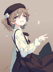 Rule 34 | 1girl, artist name, bad id, bad pixiv id, beret, black skirt, blouse, brown eyes, brown hair, fang, from side, hand up, hat, hatoba tsugu, hatoba tsugu, highres, litsvn, looking at viewer, mole, mole under eye, open mouth, petals, pleated skirt, shirt, short hair, signature, skirt, smile, solo, suspender skirt, suspenders, v, virtual youtuber, white shirt