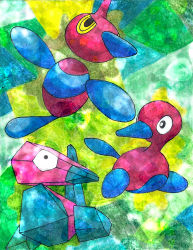 Rule 34 | abstract background, bird, creature, creatures (company), evolutionary line, game freak, gen 1 pokemon, gen 2 pokemon, gen 4 pokemon, highres, nintendo, no humans, omar, pokemon, pokemon (creature), porygon, porygon-z, porygon2, traditional media