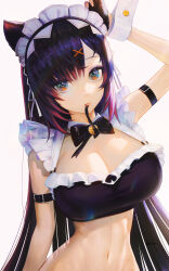 Rule 34 | 1girl, animal ears, arm up, bell, black bow, black bowtie, black hair, bow, bowtie, breasts, cat ears, cleavage, etama quomo, hand on own ear, jingle bell, large breasts, looking at viewer, maid headdress, midriff, multicolored eyes, navel, original, simple background, solo, upper body, white background
