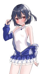 Rule 34 | 1girl, black hair, blue jacket, blush, collarbone, commentary request, covered navel, cowboy shot, earrings, eluthel, flat chest, frilled skirt, frills, hair between eyes, hair ornament, hair scrunchie, hand up, highres, idolmaster, idolmaster shiny colors, jacket, jewelry, long sleeves, looking at viewer, morino rinze, necklace, one-piece swimsuit, open clothes, open jacket, playing with own hair, red eyes, scrunchie, see-through, short hair, sidelocks, skirt, smile, solo, swimsuit, swimsuit skirt, thighs, track jacket, white background, white one-piece swimsuit, white scrunchie, zipper pull tab