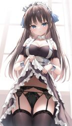 Rule 34 | 1girl, arm garter, azur lane, bare shoulders, black dress, black panties, blue eyes, breasts, brown hair, brown thighhighs, cameltoe, cleavage, clothes lift, cowboy shot, dress, dress lift, frilled dress, frills, garter belt, highres, large breasts, lifted by self, lingerie, long hair, looking at viewer, maid, maid headdress, navel, newcastle (azur lane), panties, sleeveless, sleeveless dress, smile, solo, standing, string panties, suyamori, thighhighs, thighs, underwear